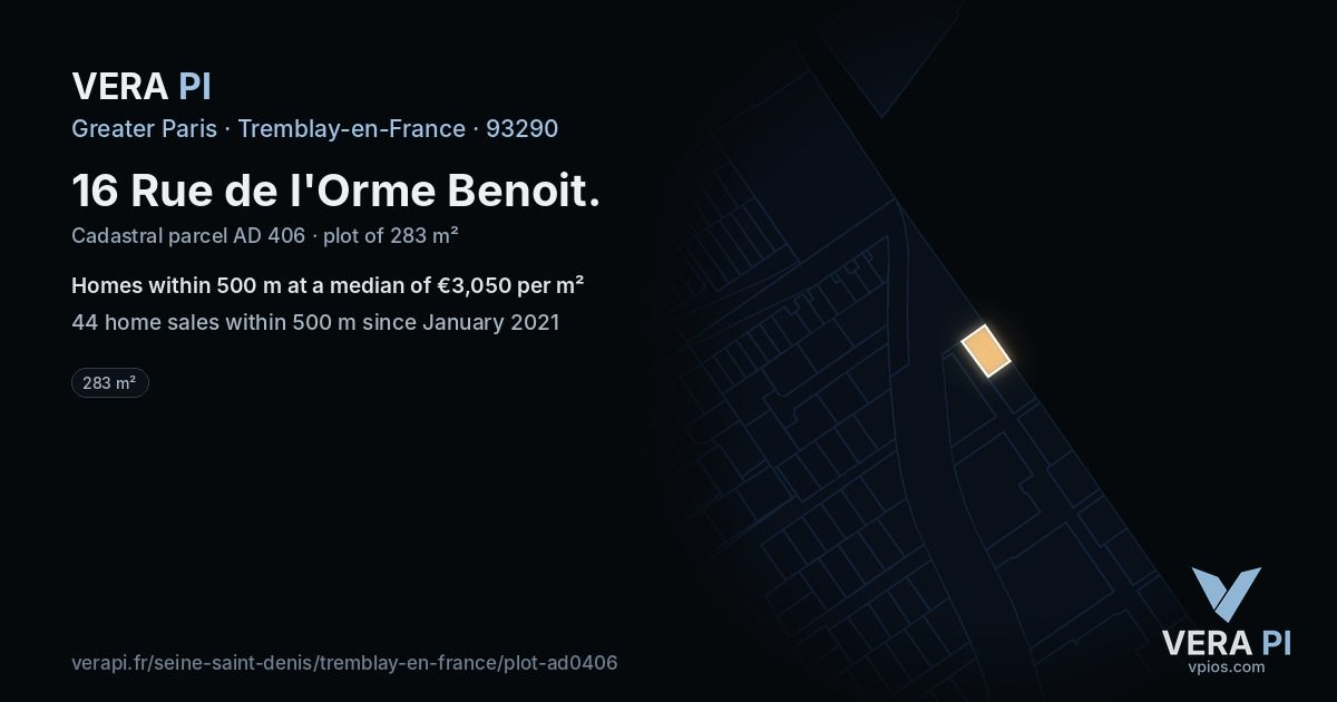 16 Rue de l'Orme Benoit, Tremblay-en-France at night – the plot lit, the parcels around coloured by the prices near them