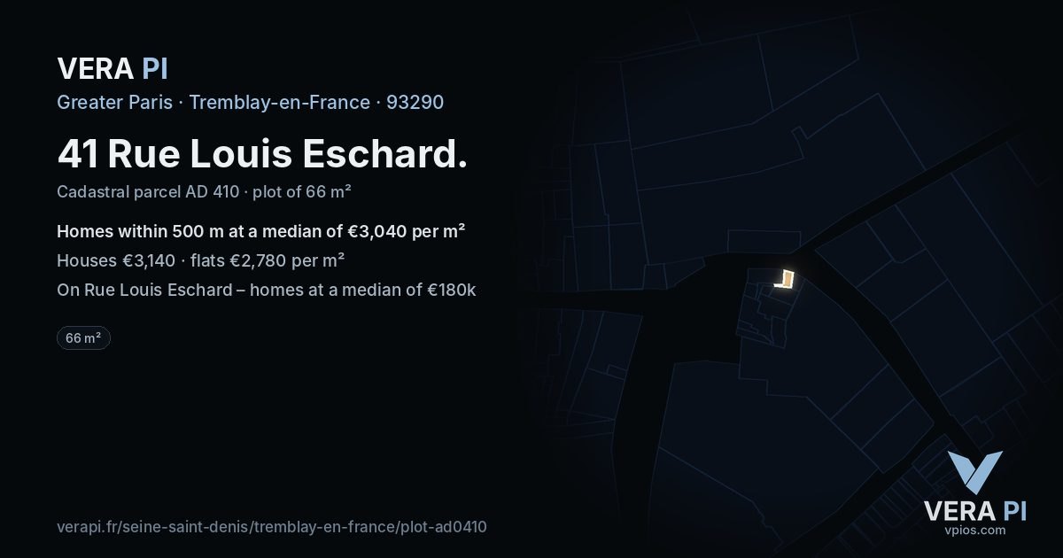 41 Rue Louis Eschard, Tremblay-en-France at night – the plot lit, the parcels around coloured by the prices near them