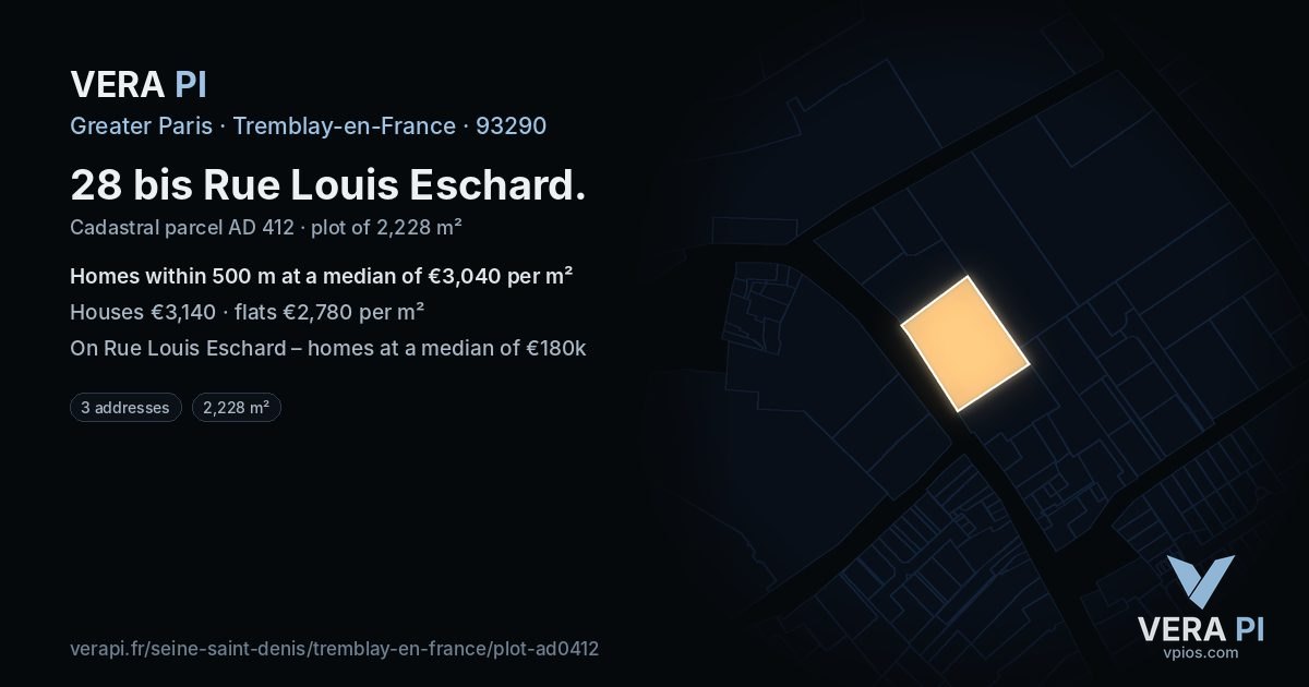 28 bis Rue Louis Eschard, Tremblay-en-France at night – the plot lit, the parcels around coloured by the prices near them