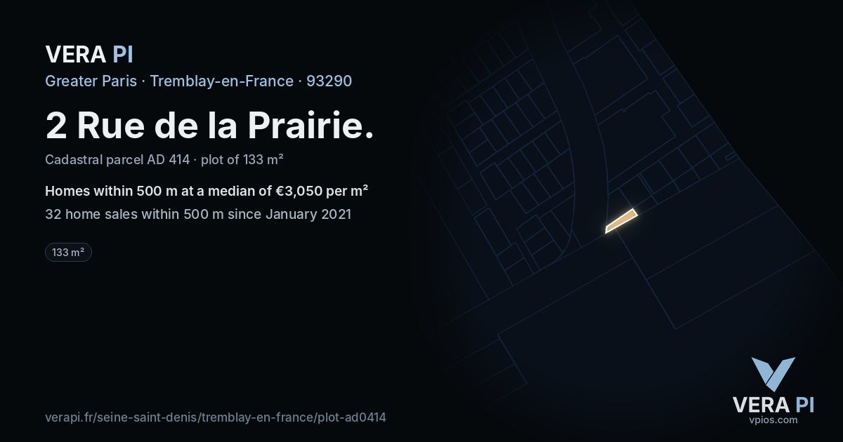 2 Rue de la Prairie, Tremblay-en-France at night – the plot lit, the parcels around coloured by the prices near them