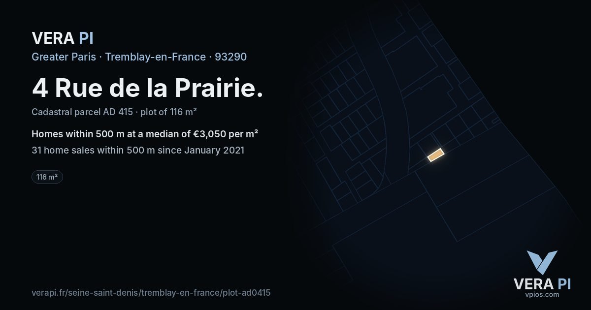 4 Rue de la Prairie, Tremblay-en-France at night – the plot lit, the parcels around coloured by the prices near them