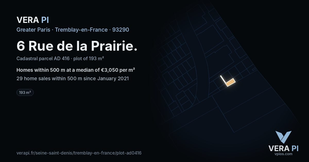 6 Rue de la Prairie, Tremblay-en-France at night – the plot lit, the parcels around coloured by the prices near them