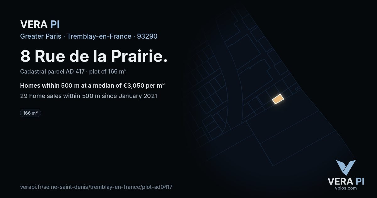 8 Rue de la Prairie, Tremblay-en-France at night – the plot lit, the parcels around coloured by the prices near them