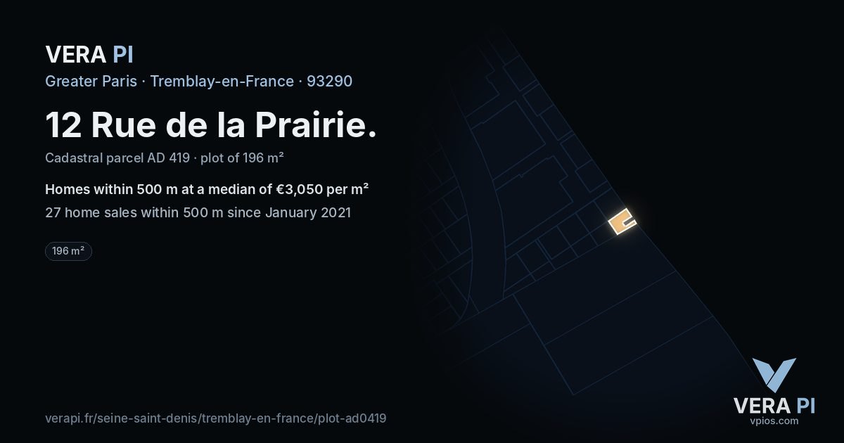 12 Rue de la Prairie, Tremblay-en-France at night – the plot lit, the parcels around coloured by the prices near them