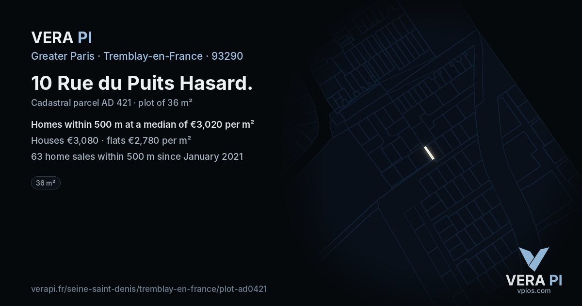 10 Rue du Puits Hasard, Tremblay-en-France at night – the plot lit, the parcels around coloured by the prices near them