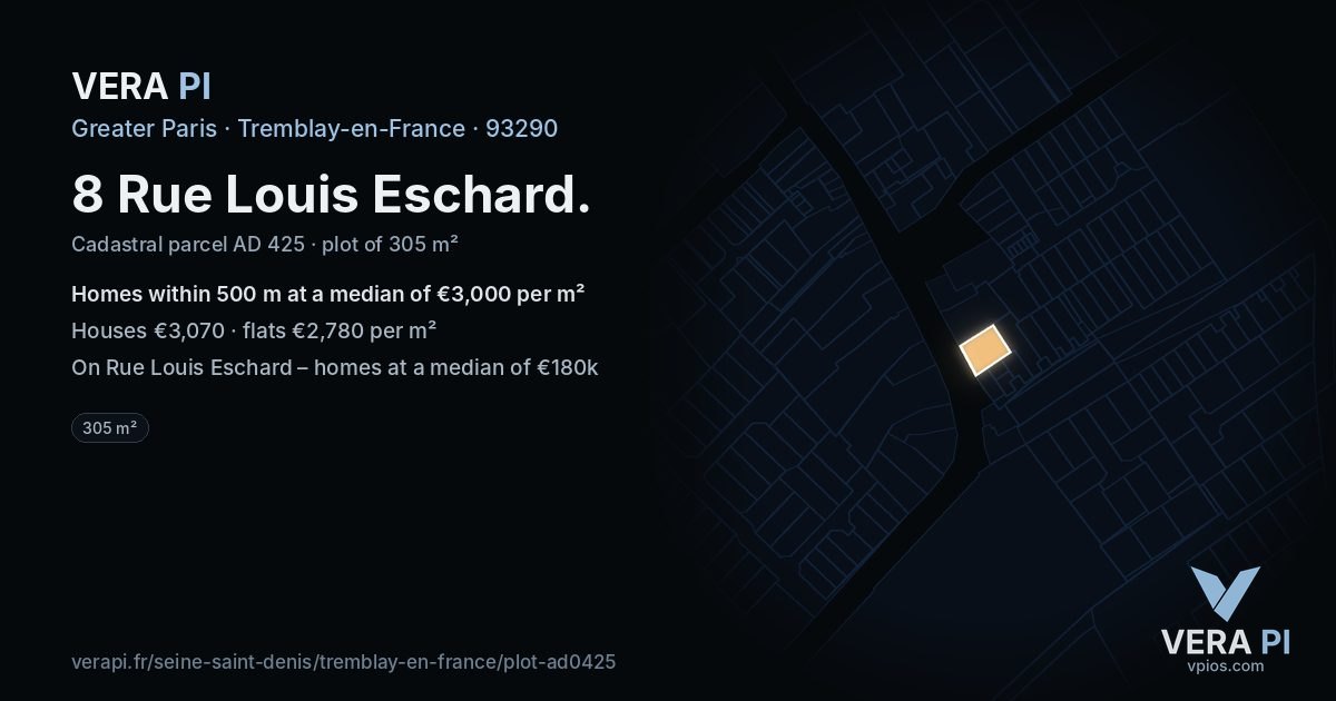 8 Rue Louis Eschard, Tremblay-en-France at night – the plot lit, the parcels around coloured by the prices near them