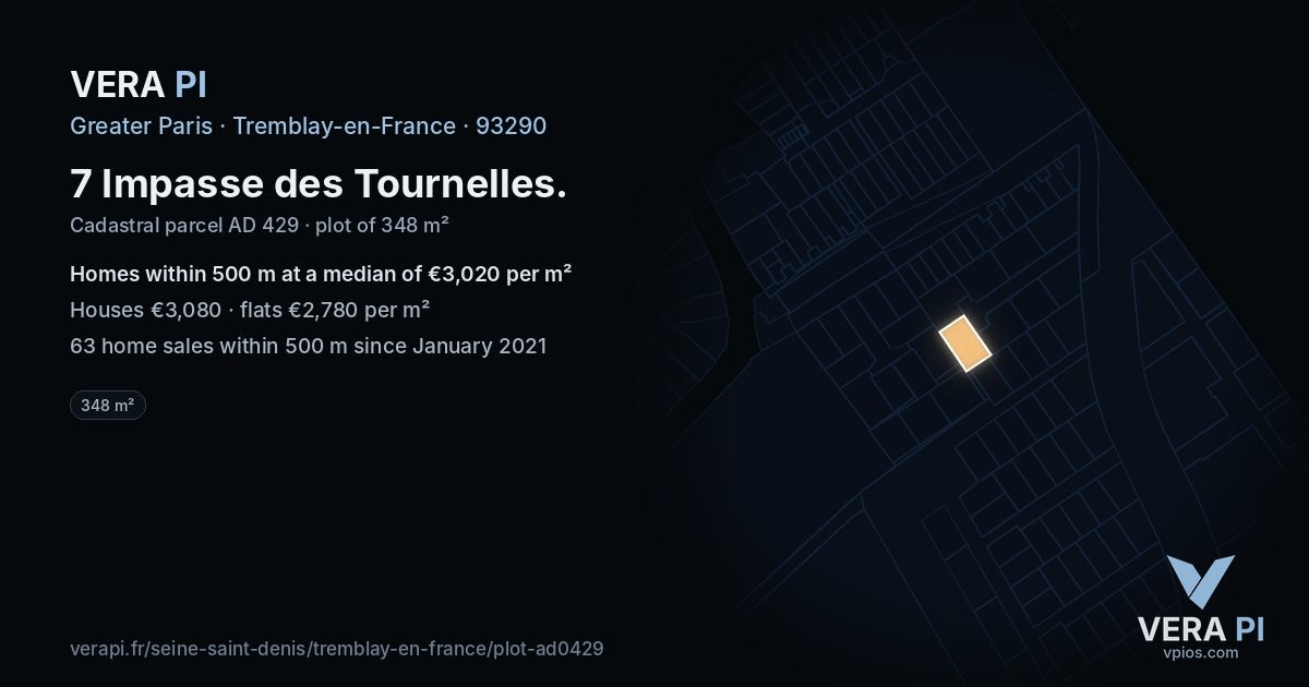 7 Impasse des Tournelles, Tremblay-en-France at night – the plot lit, the parcels around coloured by the prices near them