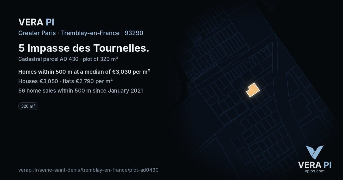 5 Impasse des Tournelles, Tremblay-en-France at night – the plot lit, the parcels around coloured by the prices near them