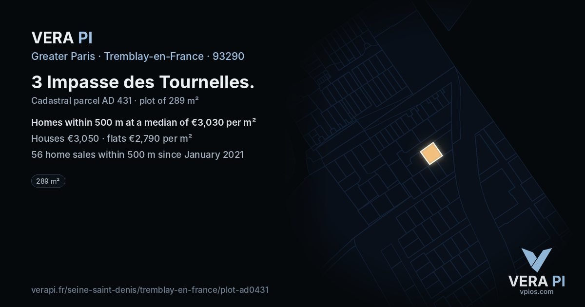 3 Impasse des Tournelles, Tremblay-en-France at night – the plot lit, the parcels around coloured by the prices near them