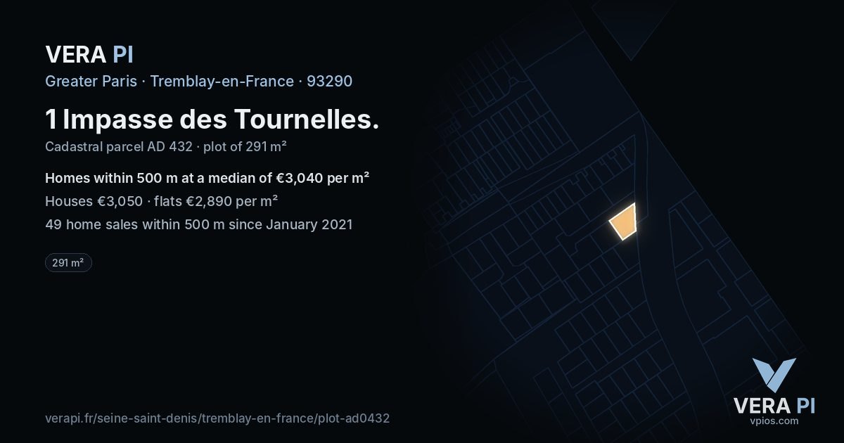 1 Impasse des Tournelles, Tremblay-en-France at night – the plot lit, the parcels around coloured by the prices near them
