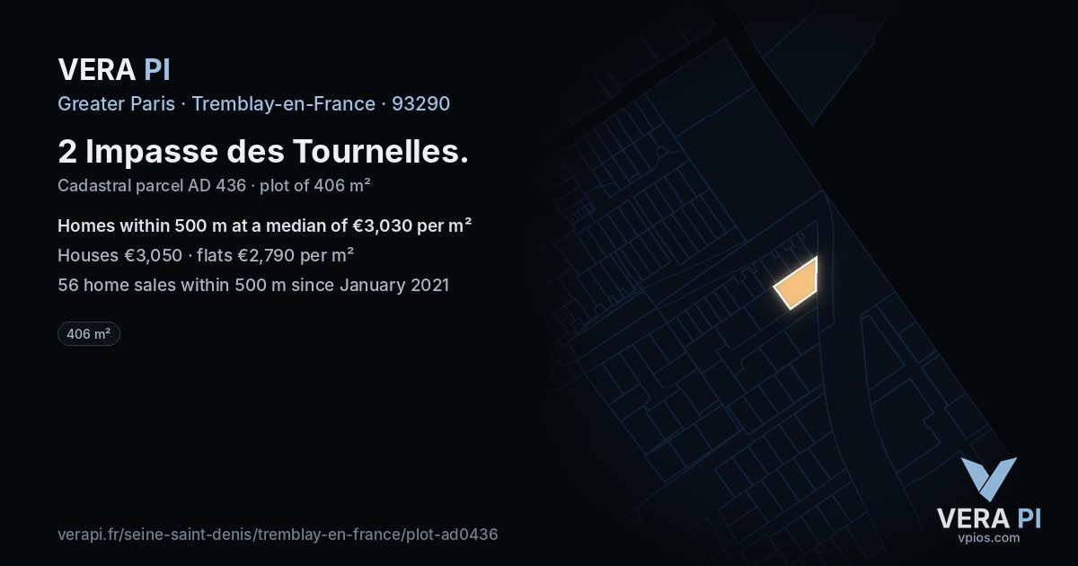 2 Impasse des Tournelles, Tremblay-en-France at night – the plot lit, the parcels around coloured by the prices near them