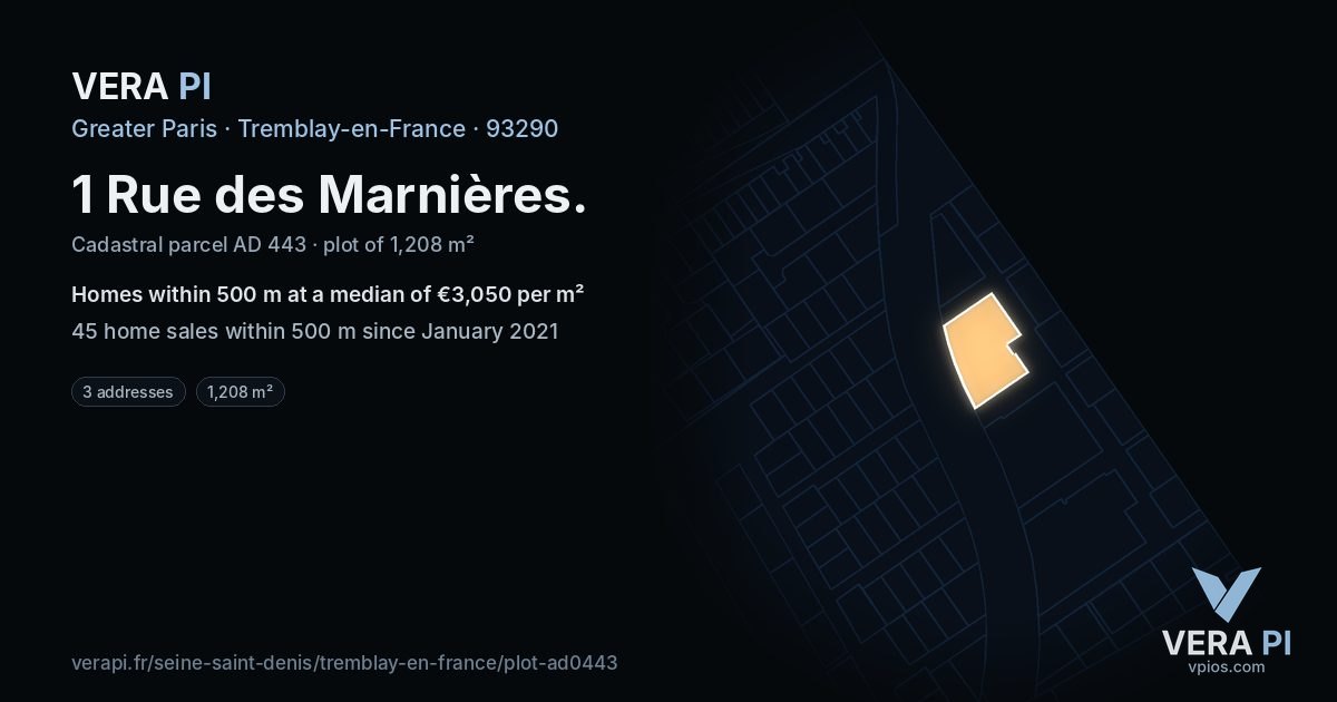 1 Rue des Marnières, Tremblay-en-France at night – the plot lit, the parcels around coloured by the prices near them