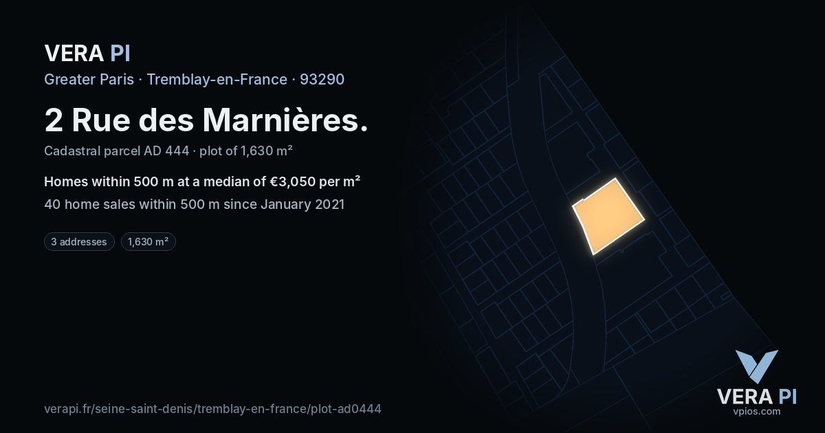 2 Rue des Marnières, Tremblay-en-France at night – the plot lit, the parcels around coloured by the prices near them