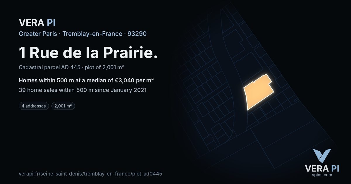 1 Rue de la Prairie, Tremblay-en-France at night – the plot lit, the parcels around coloured by the prices near them