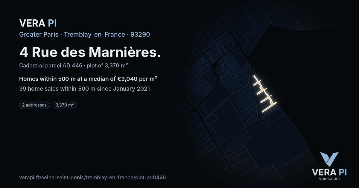 4 Rue des Marnières, Tremblay-en-France at night – the plot lit, the parcels around coloured by the prices near them