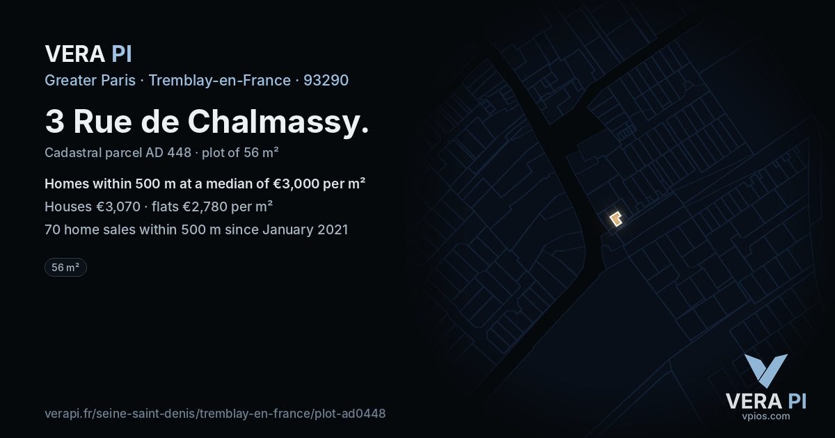 3 Rue de Chalmassy, Tremblay-en-France at night – the plot lit, the parcels around coloured by the prices near them