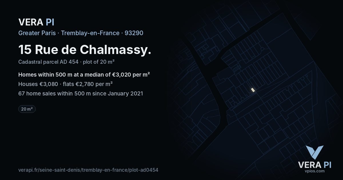 15 Rue de Chalmassy, Tremblay-en-France at night – the plot lit, the parcels around coloured by the prices near them