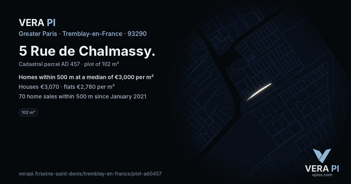 5 Rue de Chalmassy, Tremblay-en-France at night – the plot lit, the parcels around coloured by the prices near them