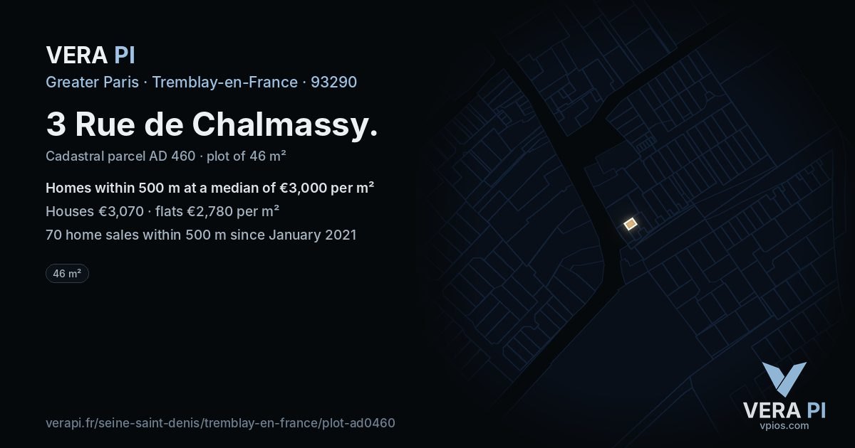 3 Rue de Chalmassy, Tremblay-en-France at night – the plot lit, the parcels around coloured by the prices near them