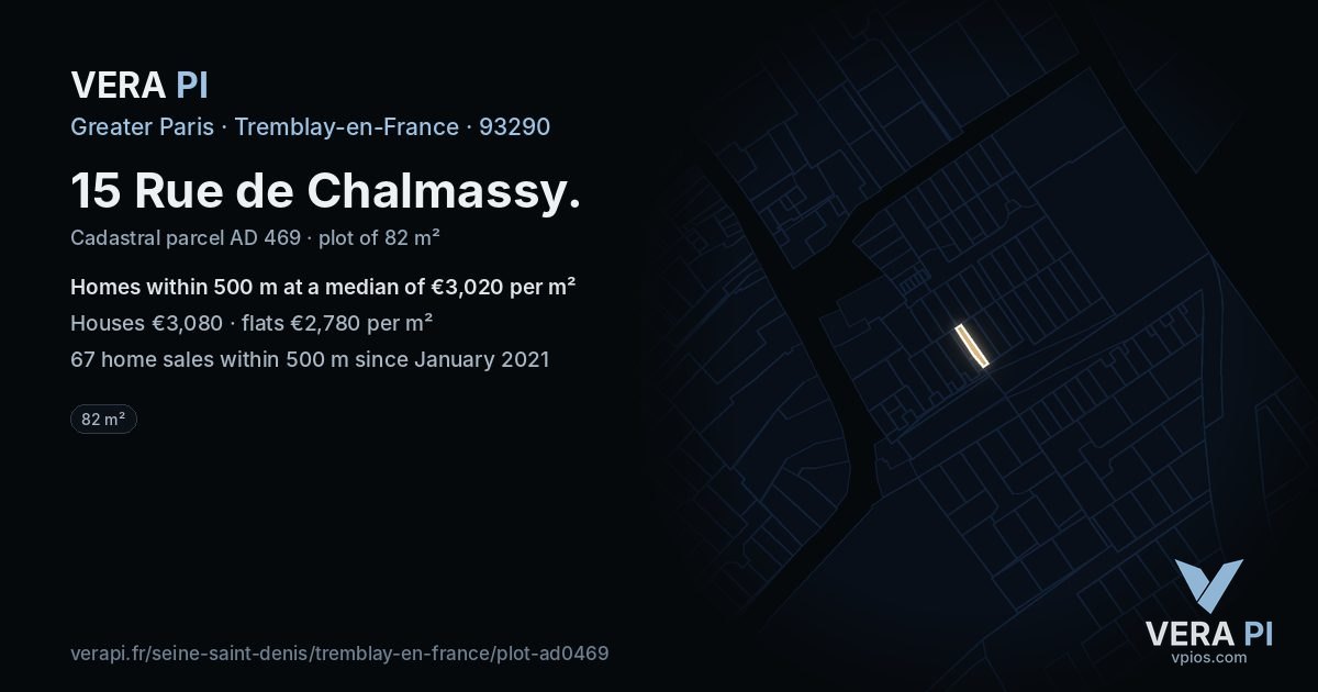 15 Rue de Chalmassy, Tremblay-en-France at night – the plot lit, the parcels around coloured by the prices near them