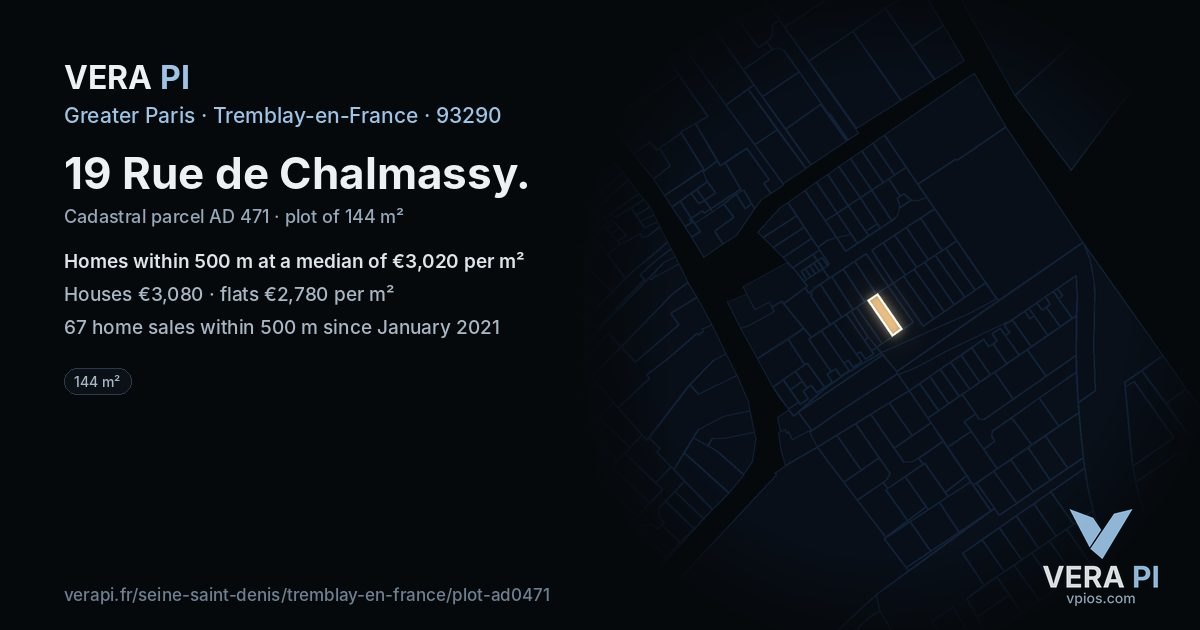 19 Rue de Chalmassy, Tremblay-en-France at night – the plot lit, the parcels around coloured by the prices near them