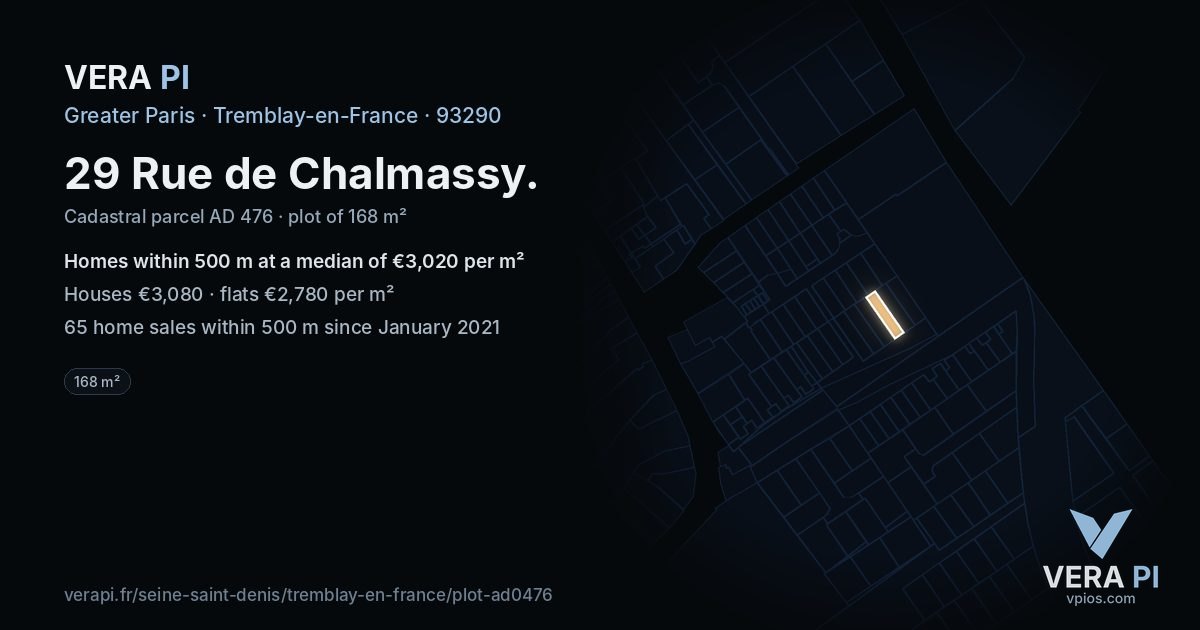 29 Rue de Chalmassy, Tremblay-en-France at night – the plot lit, the parcels around coloured by the prices near them