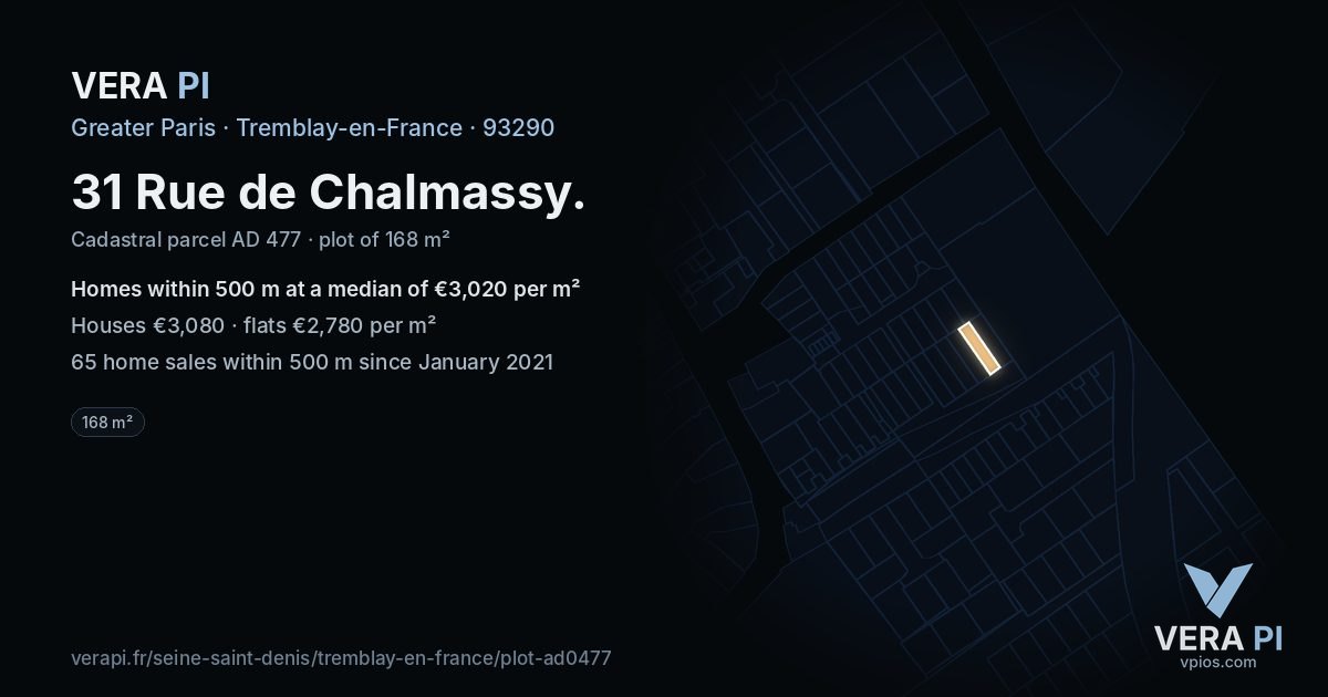 31 Rue de Chalmassy, Tremblay-en-France at night – the plot lit, the parcels around coloured by the prices near them