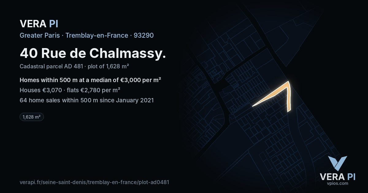 40 Rue de Chalmassy, Tremblay-en-France at night – the plot lit, the parcels around coloured by the prices near them