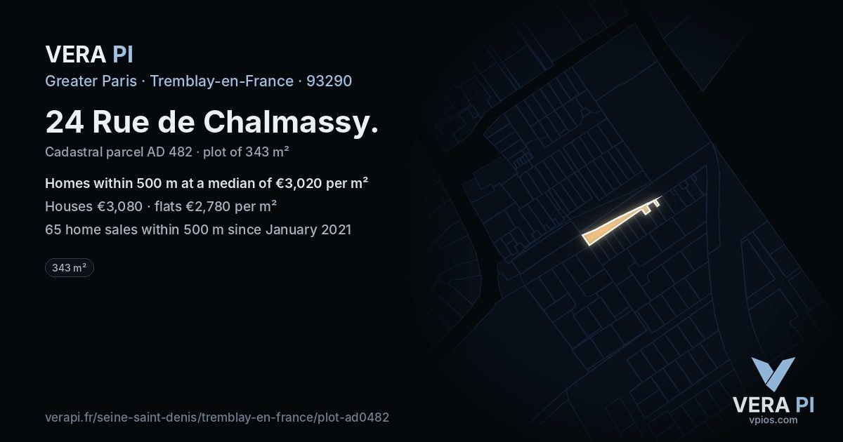 24 Rue de Chalmassy, Tremblay-en-France at night – the plot lit, the parcels around coloured by the prices near them