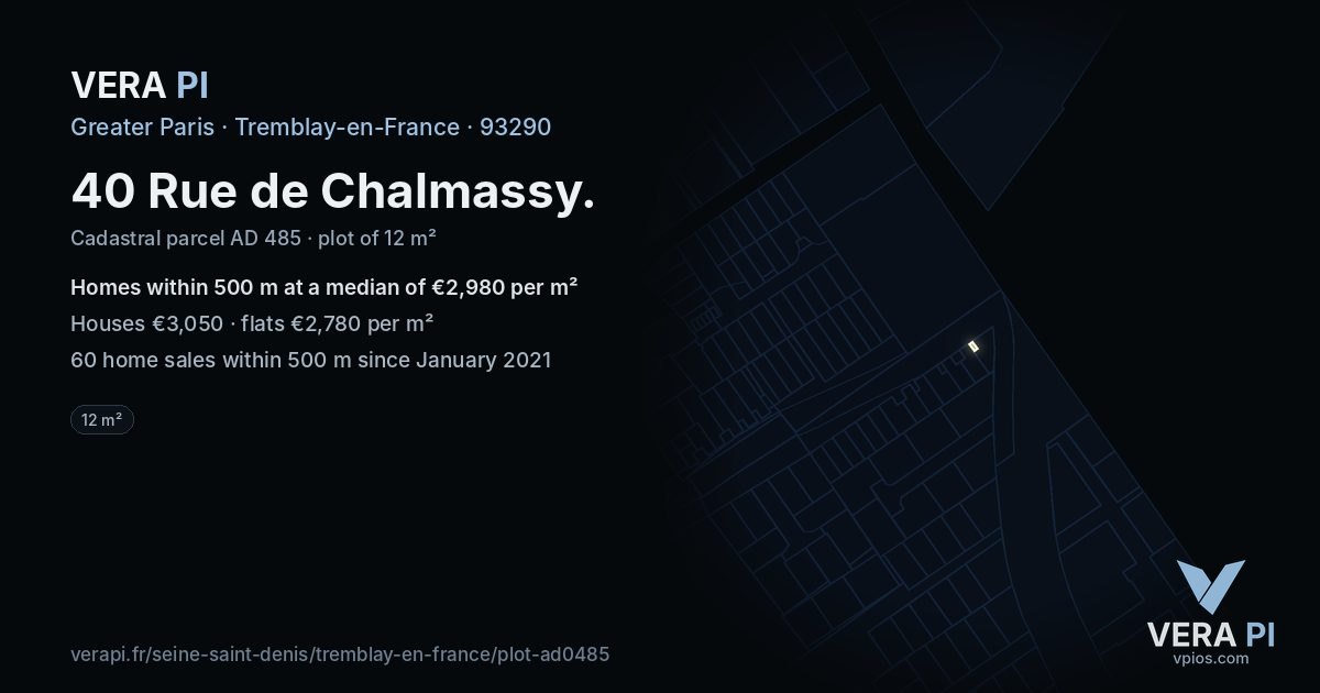 40 Rue de Chalmassy, Tremblay-en-France at night – the plot lit, the parcels around coloured by the prices near them