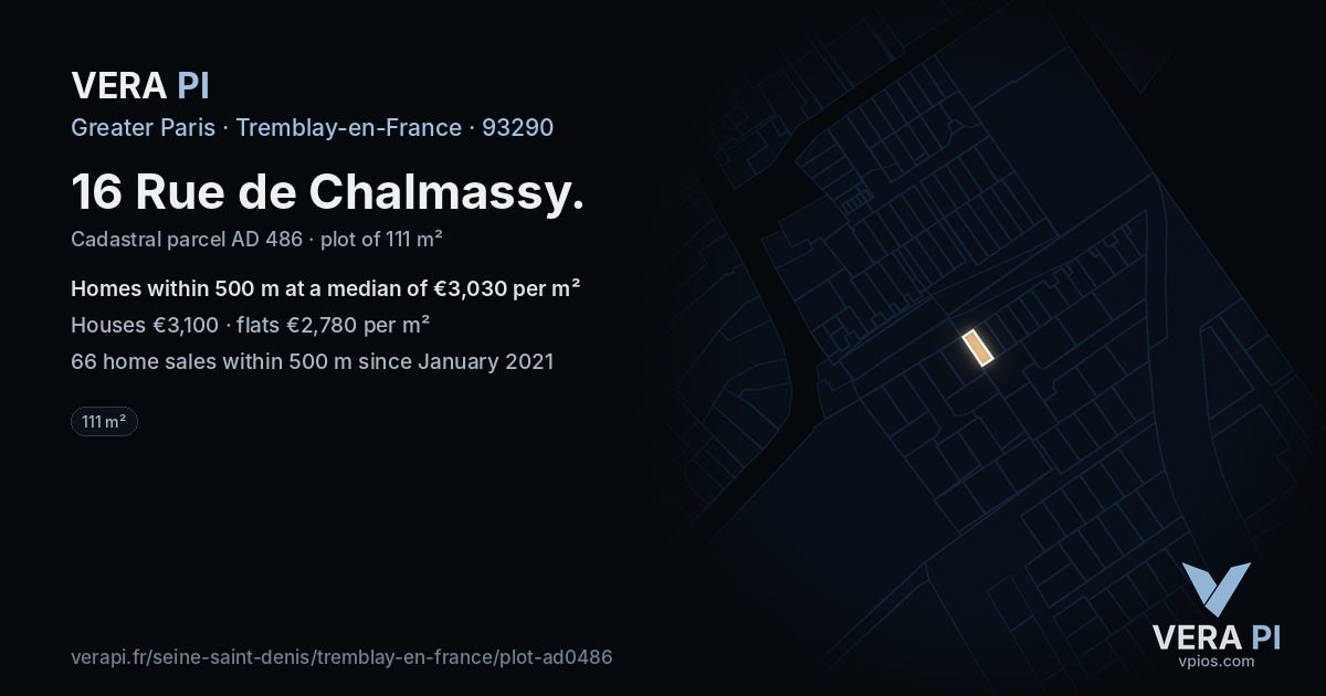 16 Rue de Chalmassy, Tremblay-en-France at night – the plot lit, the parcels around coloured by the prices near them