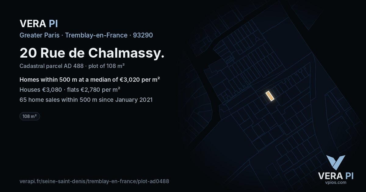 20 Rue de Chalmassy, Tremblay-en-France at night – the plot lit, the parcels around coloured by the prices near them