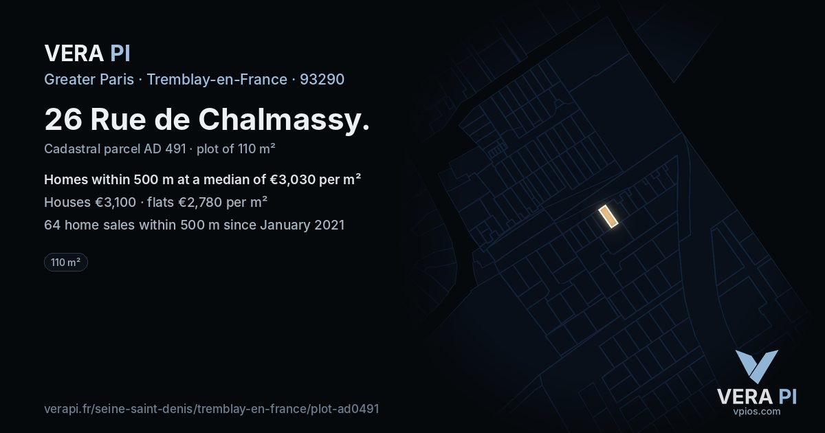 26 Rue de Chalmassy, Tremblay-en-France at night – the plot lit, the parcels around coloured by the prices near them