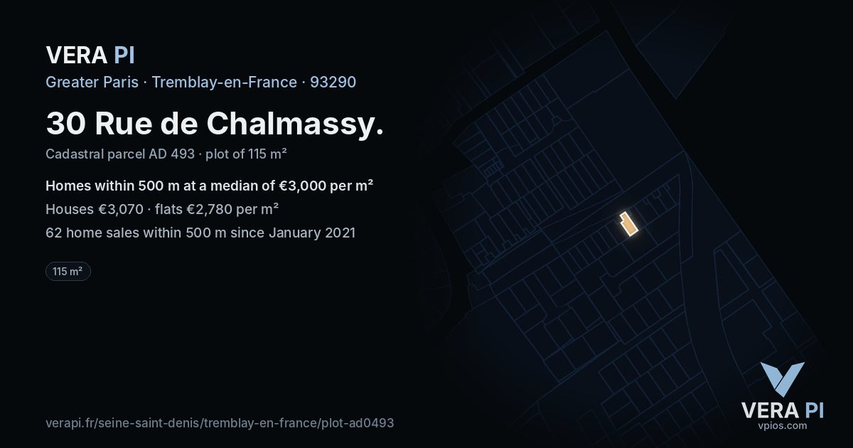 30 Rue de Chalmassy, Tremblay-en-France at night – the plot lit, the parcels around coloured by the prices near them