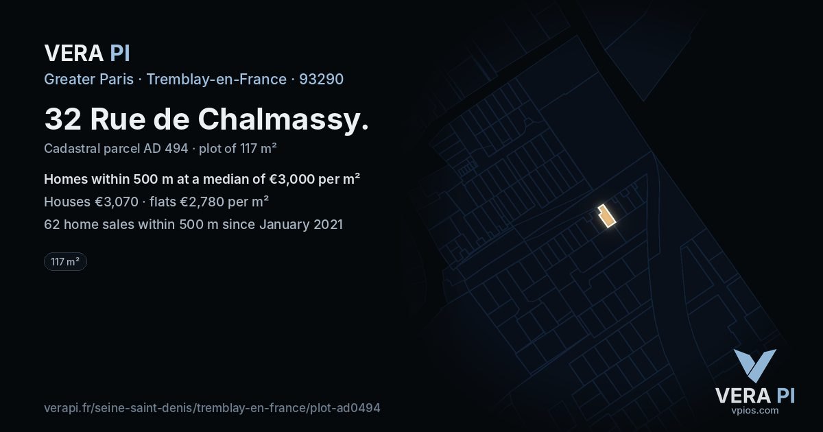 32 Rue de Chalmassy, Tremblay-en-France at night – the plot lit, the parcels around coloured by the prices near them
