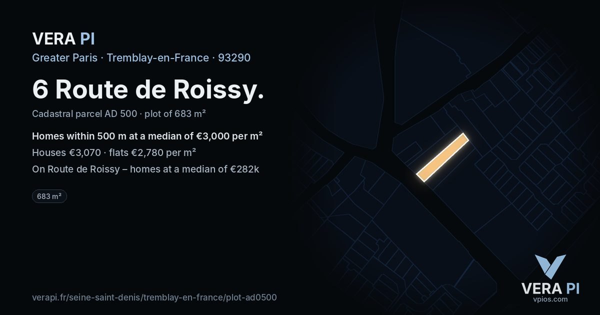 6 Route de Roissy, Tremblay-en-France at night – the plot lit, the parcels around coloured by the prices near them