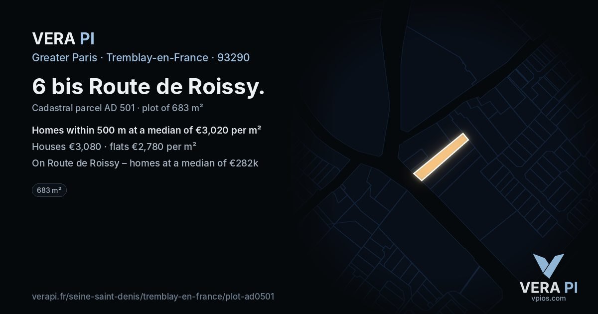 6 bis Route de Roissy, Tremblay-en-France at night – the plot lit, the parcels around coloured by the prices near them