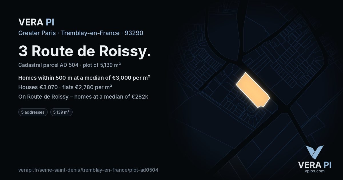3 Route de Roissy, Tremblay-en-France at night – the plot lit, the parcels around coloured by the prices near them
