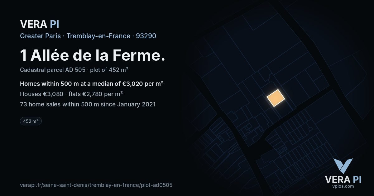 1 Allée de la Ferme, Tremblay-en-France at night – the plot lit, the parcels around coloured by the prices near them