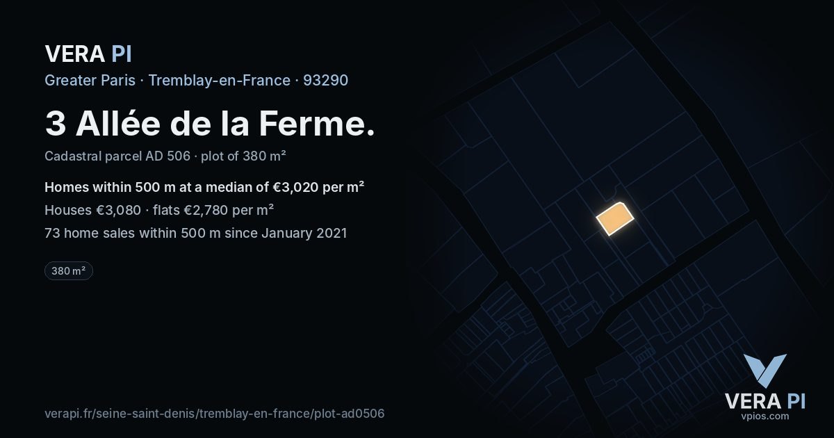 3 Allée de la Ferme, Tremblay-en-France at night – the plot lit, the parcels around coloured by the prices near them