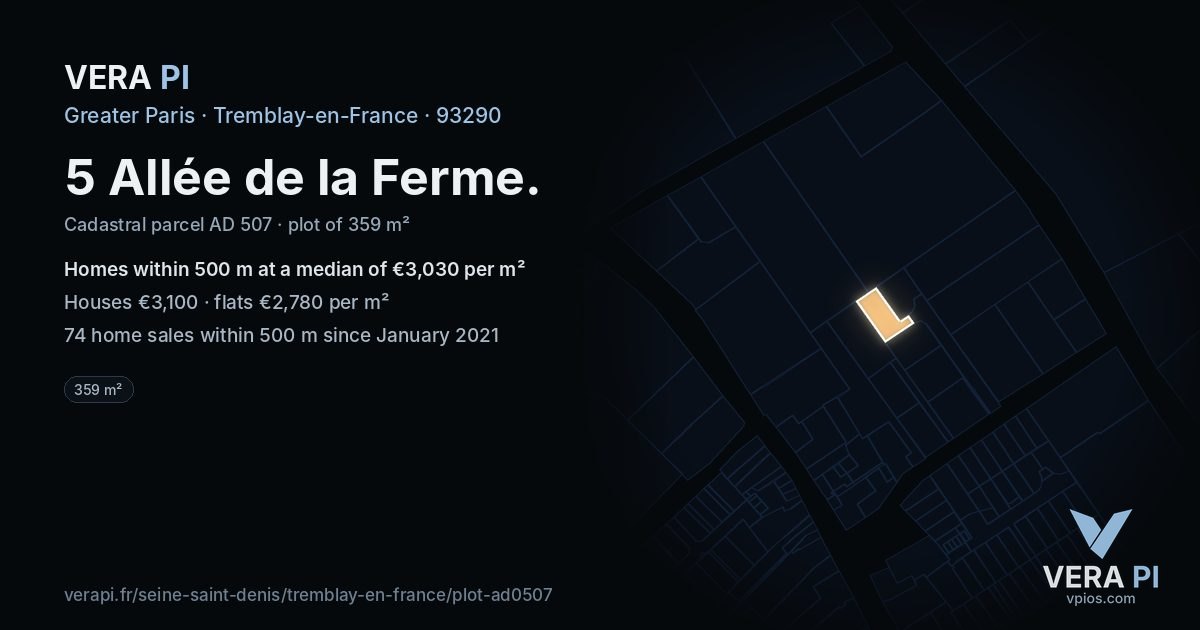 5 Allée de la Ferme, Tremblay-en-France at night – the plot lit, the parcels around coloured by the prices near them
