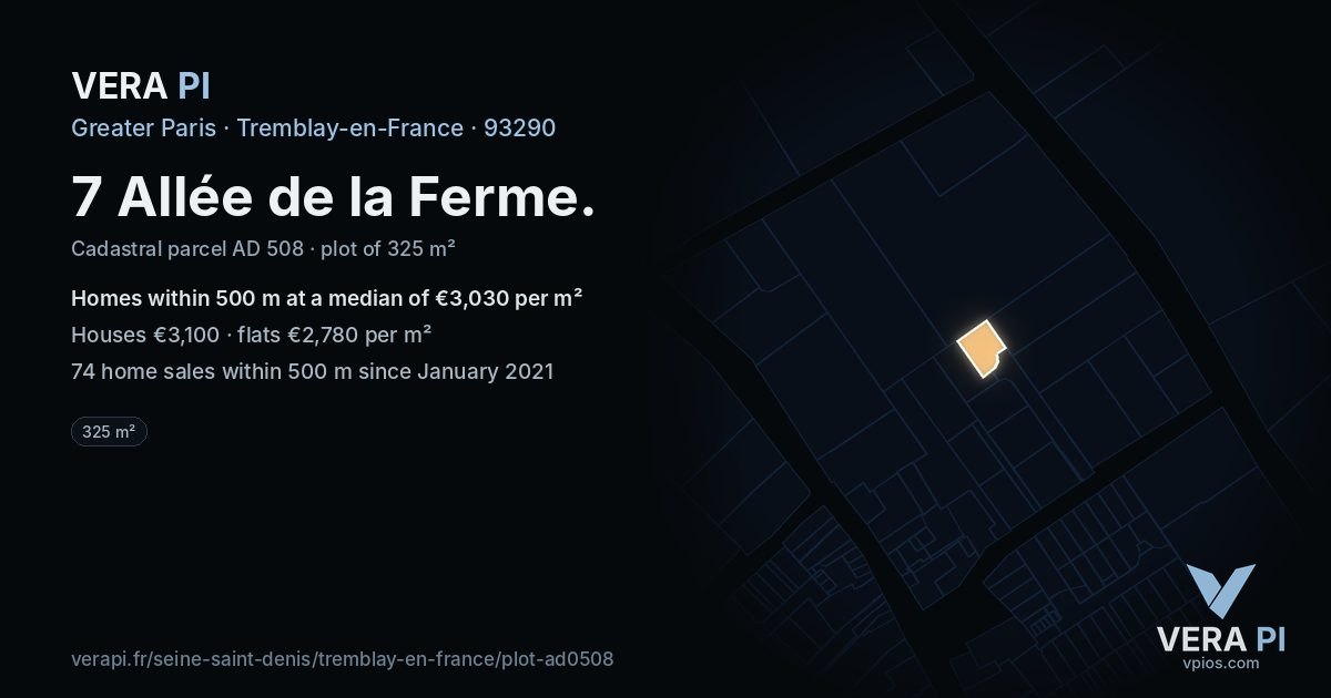 7 Allée de la Ferme, Tremblay-en-France at night – the plot lit, the parcels around coloured by the prices near them