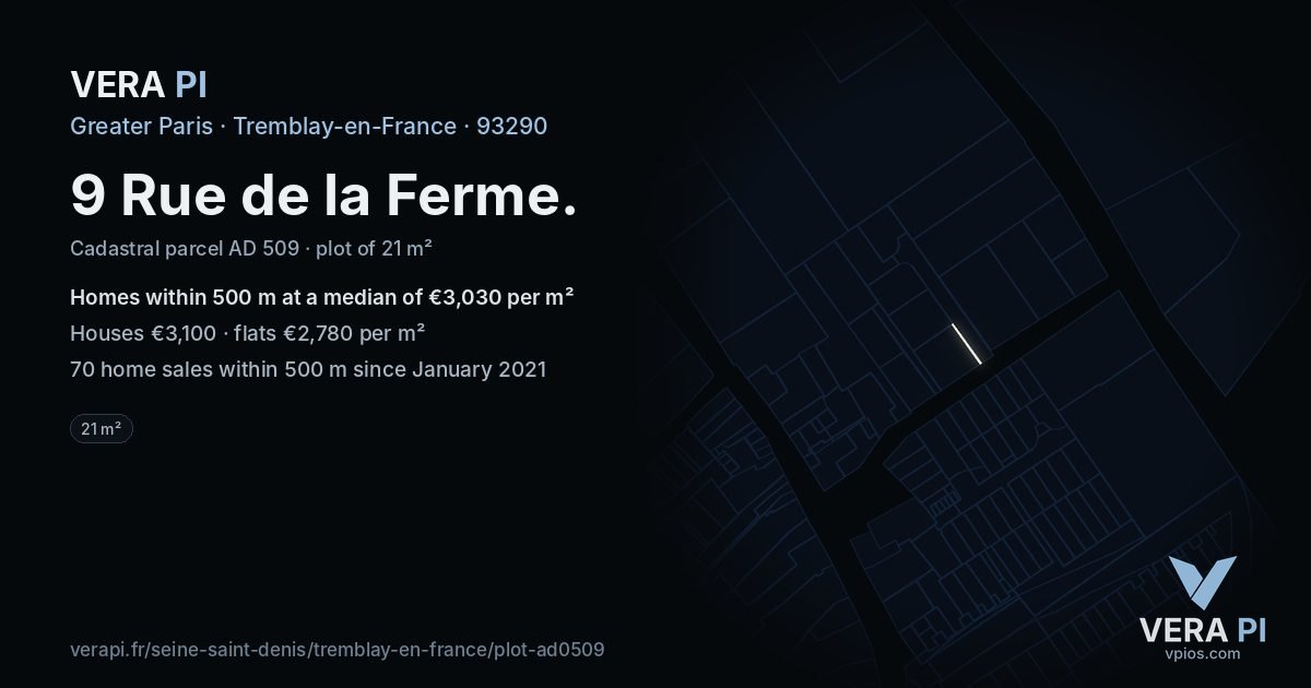 9 Rue de la Ferme, Tremblay-en-France at night – the plot lit, the parcels around coloured by the prices near them