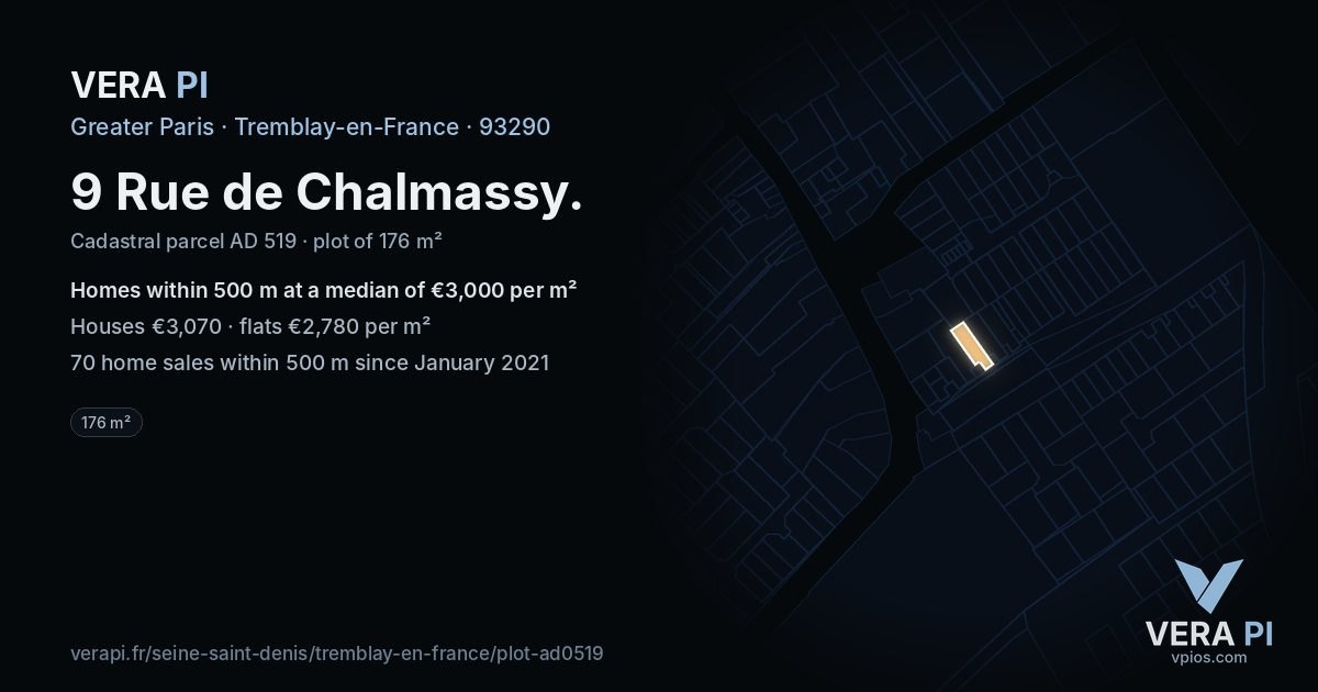 9 Rue de Chalmassy, Tremblay-en-France at night – the plot lit, the parcels around coloured by the prices near them