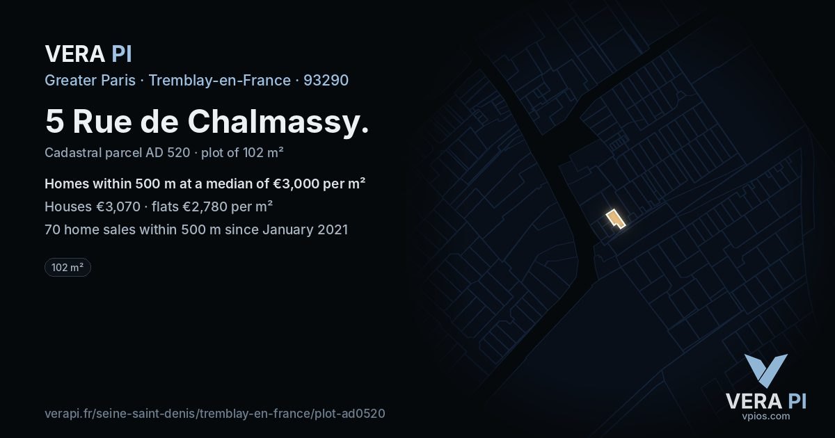 5 Rue de Chalmassy, Tremblay-en-France at night – the plot lit, the parcels around coloured by the prices near them