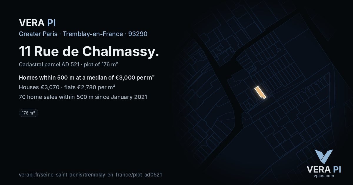 11 Rue de Chalmassy, Tremblay-en-France at night – the plot lit, the parcels around coloured by the prices near them