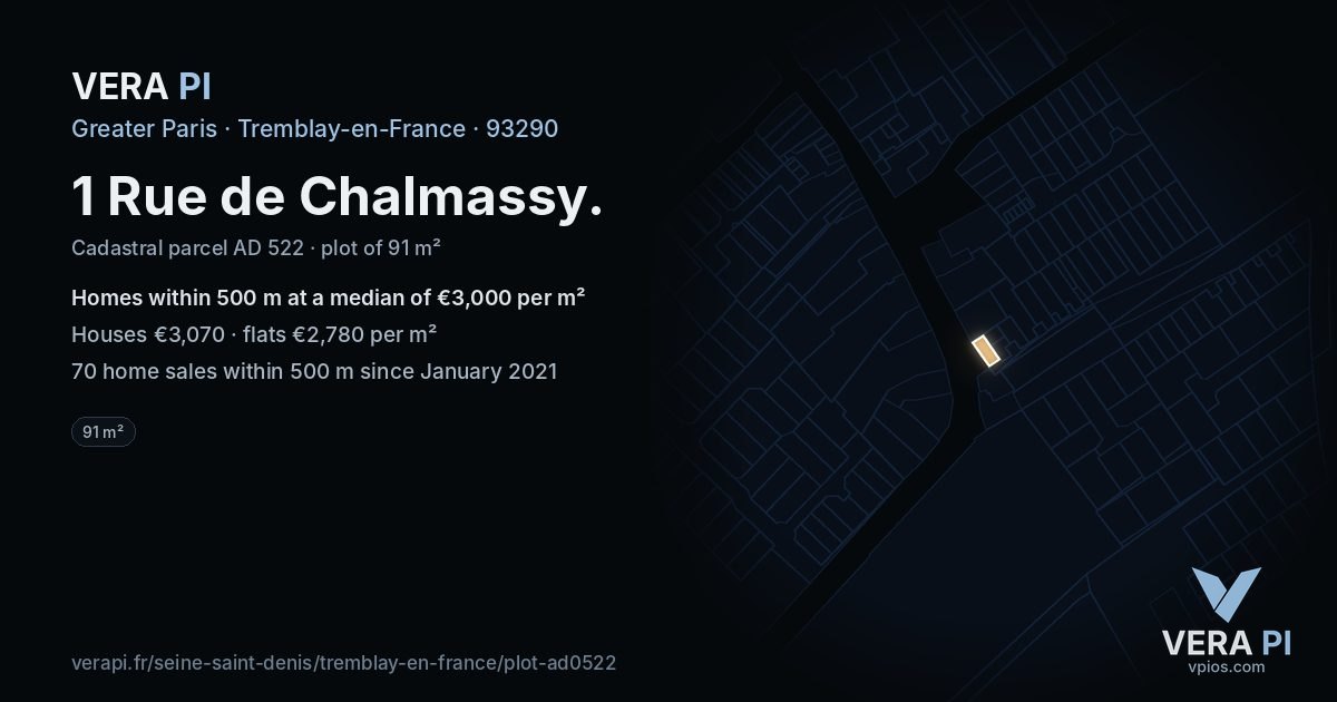 1 Rue de Chalmassy, Tremblay-en-France at night – the plot lit, the parcels around coloured by the prices near them