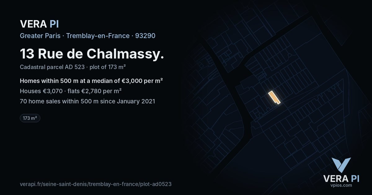 13 Rue de Chalmassy, Tremblay-en-France at night – the plot lit, the parcels around coloured by the prices near them