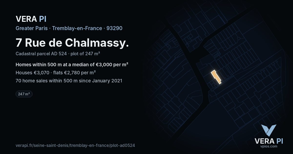 7 Rue de Chalmassy, Tremblay-en-France at night – the plot lit, the parcels around coloured by the prices near them