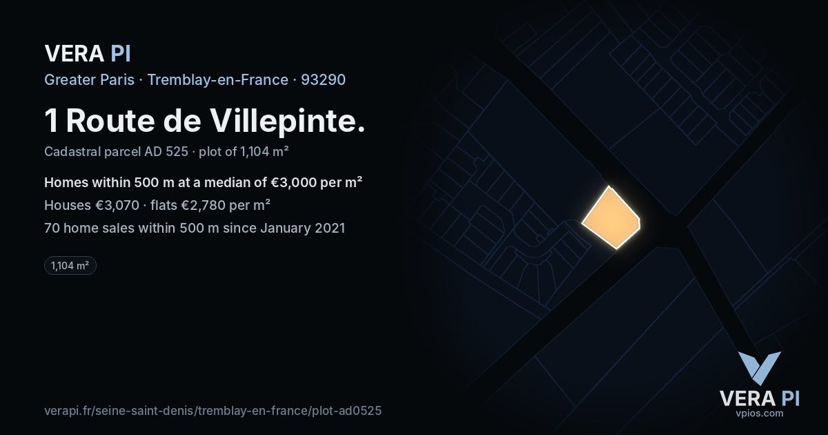 1 Route de Villepinte, Tremblay-en-France at night – the plot lit, the parcels around coloured by the prices near them